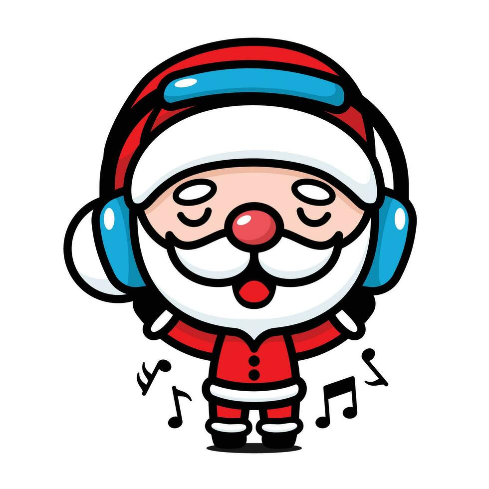 mignonne et kawaii Noël Père Noël claus dessin animé personnage écoute à la musique avec casque vecteur