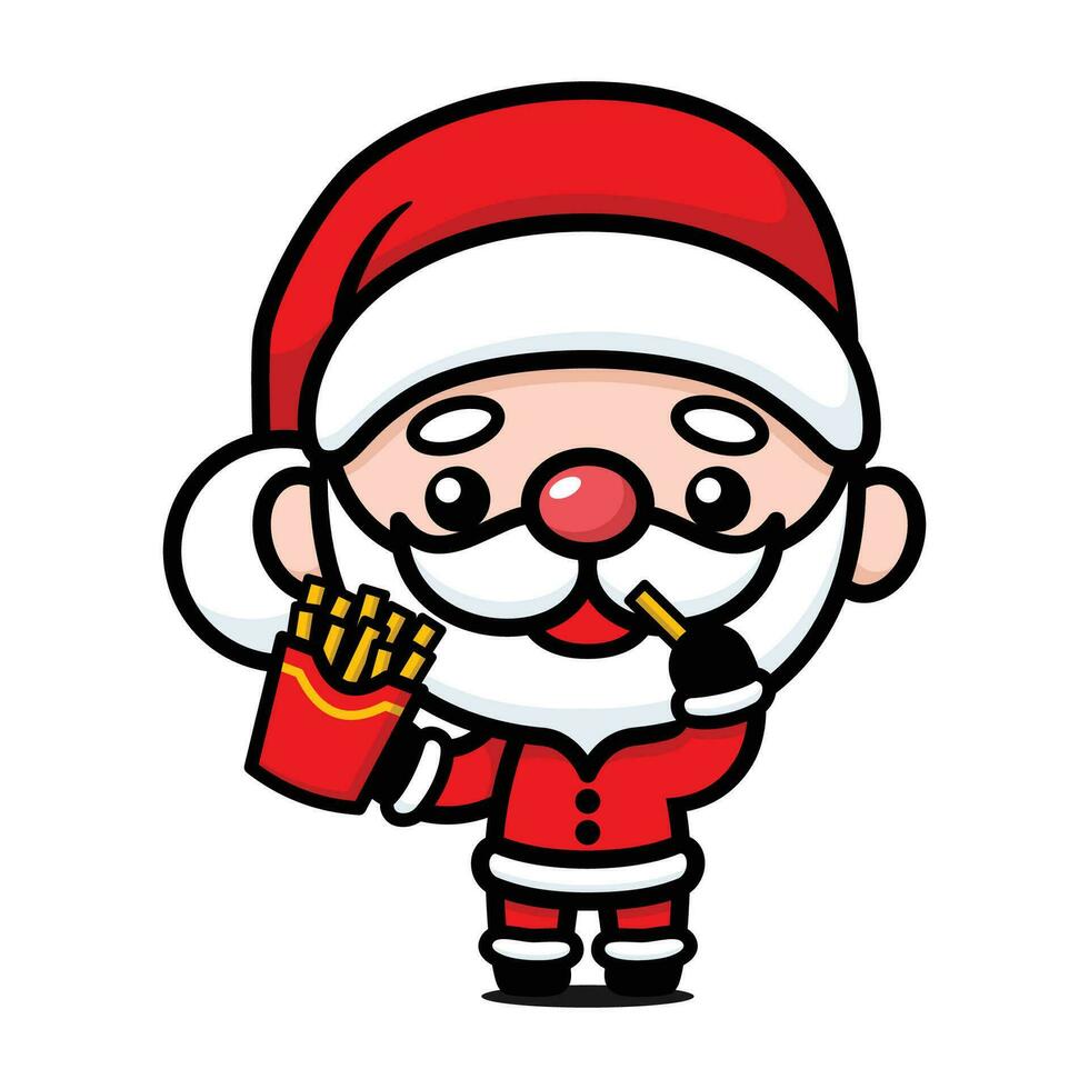 mignonne et kawaii Noël Père Noël claus dessin animé personnage en mangeant Patate français frites vecteur