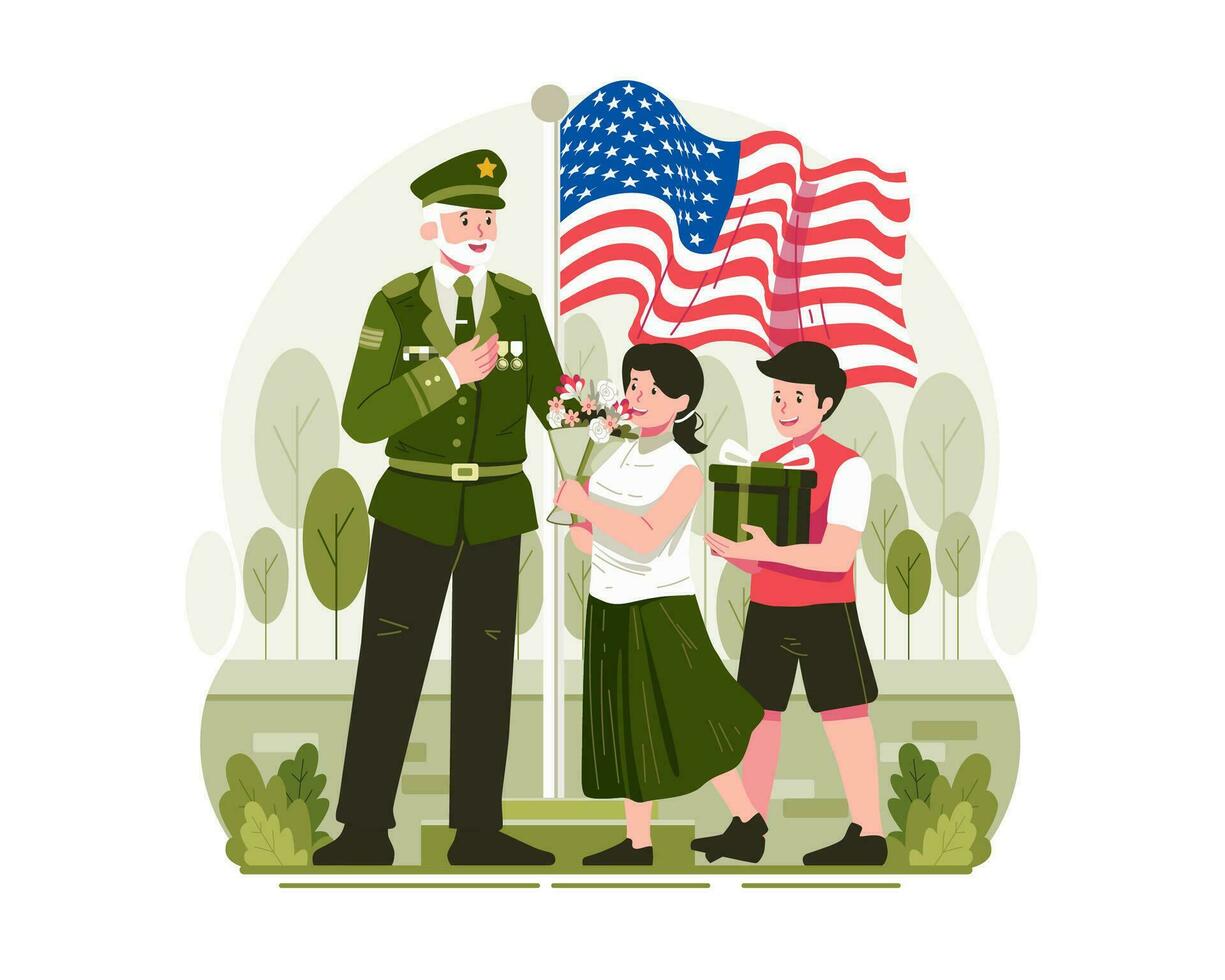 les enfants donnant fleurs et cadeaux à une Sénior vétéran dans militaire uniforme comme une signe de saluer et le respect sur anciens combattants journée vecteur