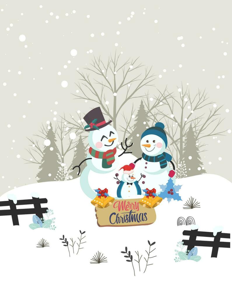 joyeux Noël salutation avec bonhomme de neige famille maman, papa et enfant dans parc à Chutes de neige. content pour hiver saison vecteur