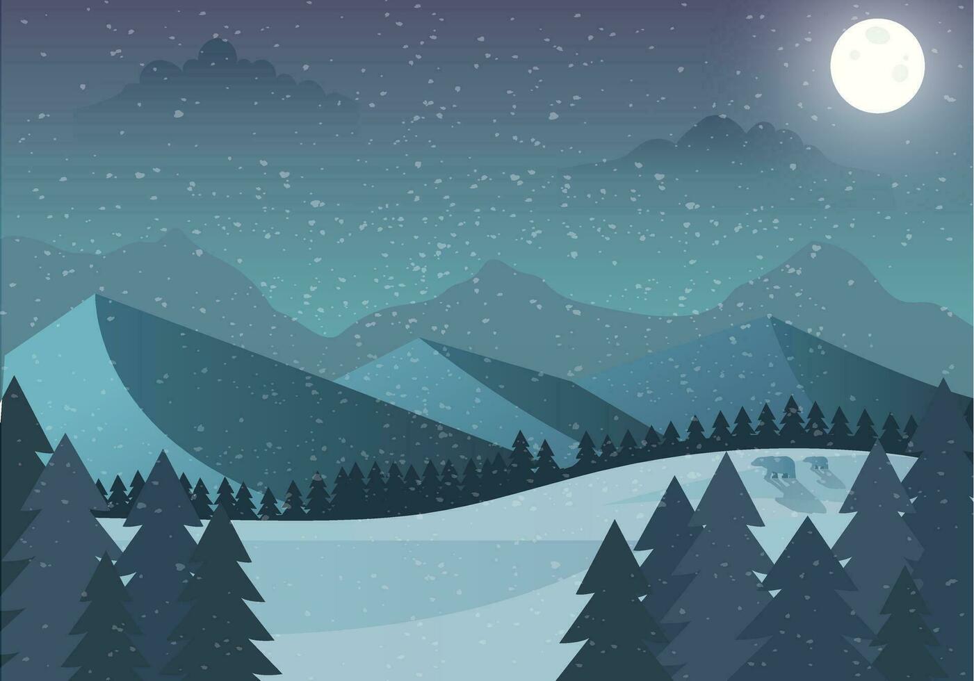 hiver clair de lune à Noël nuit de le forêt avec sillhoutte de le ours et sa bébé. vecteur