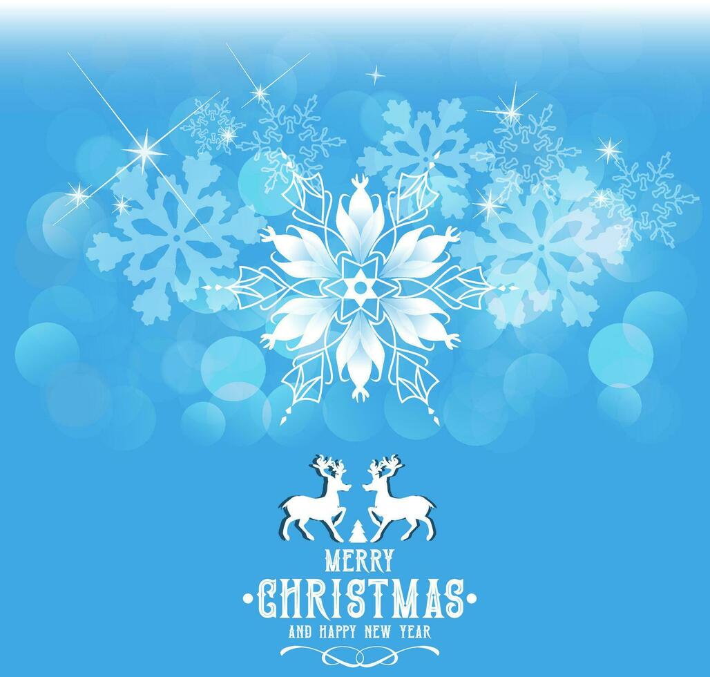 Noël carte, conception de embrasé la glace fleurs et blanc silhoutte deux rennes avec lumière bleu Contexte vecteur
