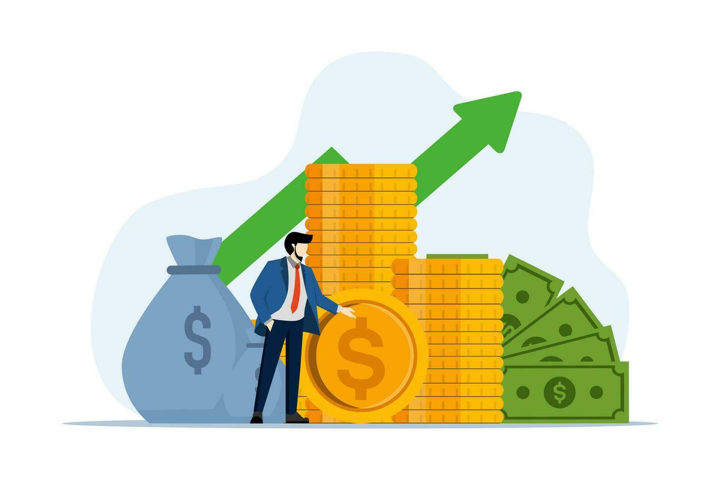 argent croissance investissement concept, passif revenu, entrepreneurial investissement, personnage une analyse investissement, célébrer financier Succès et argent croissance. augmenter dans argent. plat vecteur illustration.