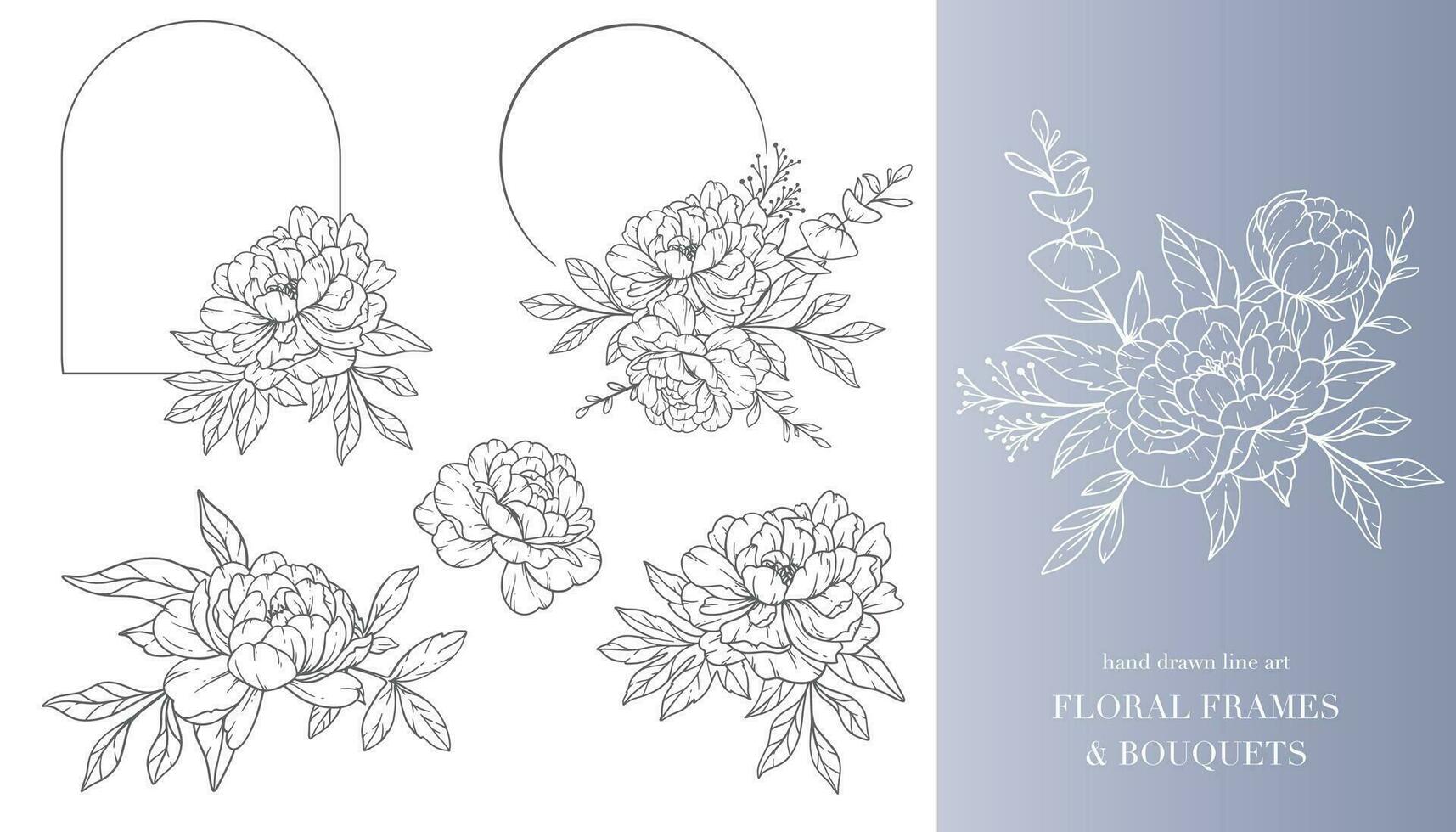 pivoine fleur ligne art. floral cadres et bouquets ligne art. bien ligne pivoine cadres main tiré illustration. main dessiner contour feuilles et fleurs. botanique coloration page. contour pivoine isolé vecteur