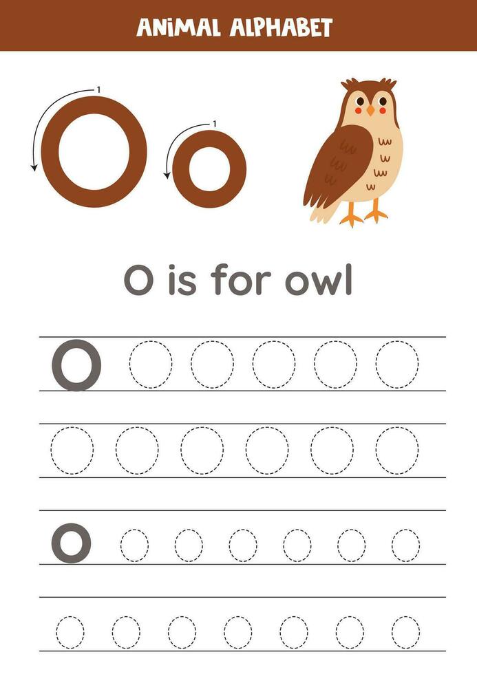 tracé alphabet des lettres pour enfants. animal alphabet. o est pour hibou. vecteur