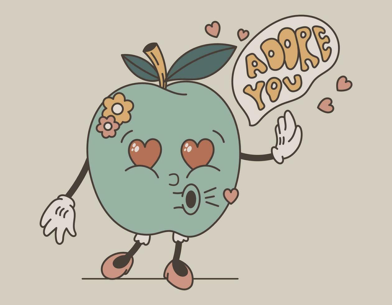 marrant sensationnel rétro personnage fille Pomme. vecteur isolé de bonne humeur fruit dans aimer, vieux dessin animé style.