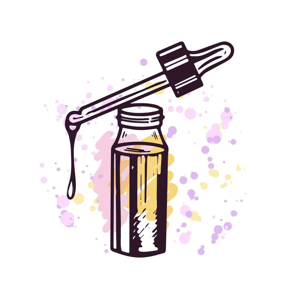 dessiné à la main sérum bouteille avec pipette, beauté cosmétique élément. illustration sur une aquarelle pastel Contexte avec éclaboussures de peindre. utile pour beauté salon, cosmétique magasin, se maquiller. griffonnage esquisser. vecteur