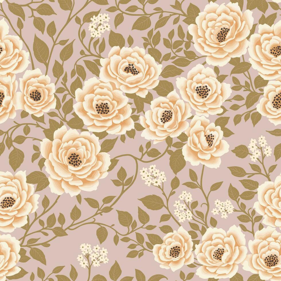 floral sans couture modèle de blanc fleurs et beige feuilles sur pâle cornouiller retour dans chinoiserie style. main tiré art. fond d'écran conception pour textile, papiers, impressions, mode arrière-plans, beauté des produits vecteur