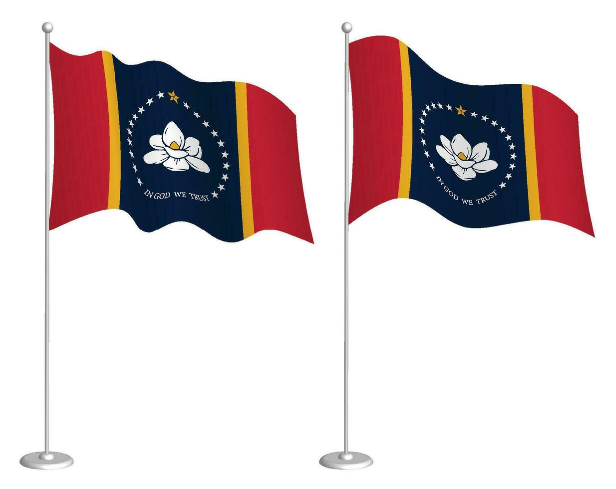 drapeau de américain Etat de Mississippi sur mât agitant dans vent. vacances conception élément. point de contrôle pour carte symboles. isolé vecteur sur blanc Contexte