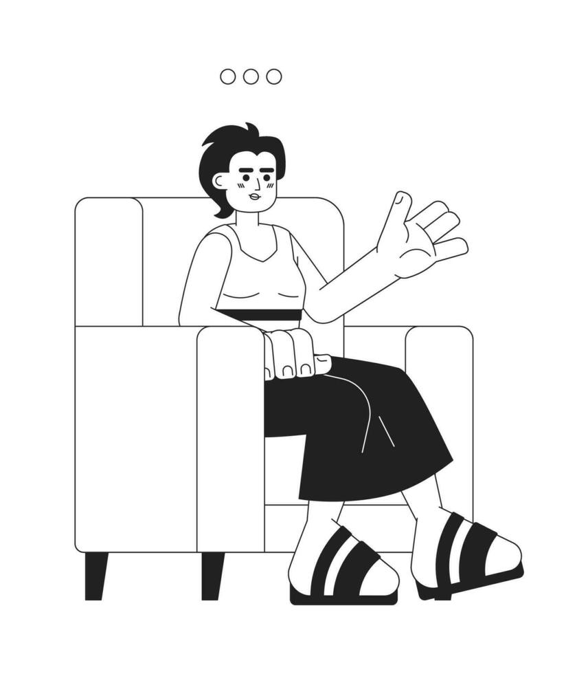 séance fauteuil femme parlant noir et blanc 2d dessin animé personnage. Japonais adulte femelle participant dans conversation isolé vecteur contour personne. conseiller monochromatique plat place illustration