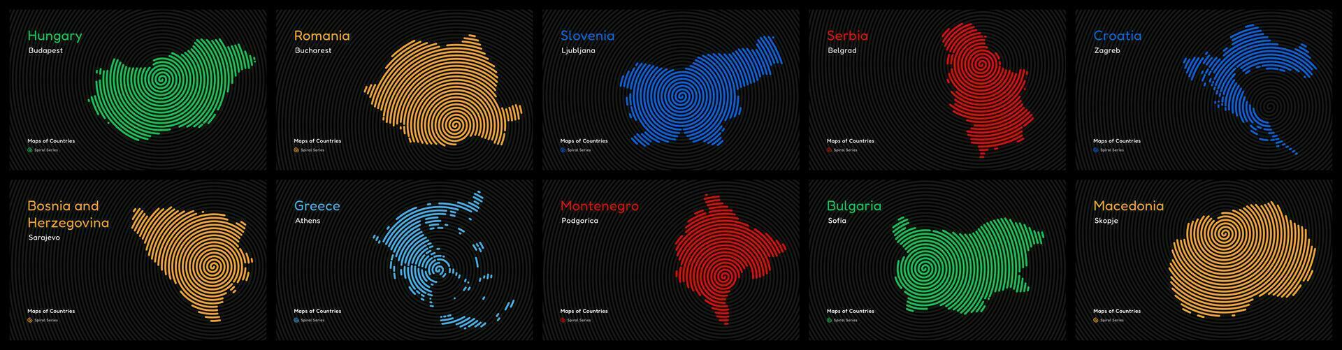 balkanique des pays ensemble. Serbie, Monténégro, Croatie, Albanie, Bosnie et herzégovine, Bulgarie, macédoine, Roumanie, Slovénie. spirale empreinte digitale Plans séries vecteur