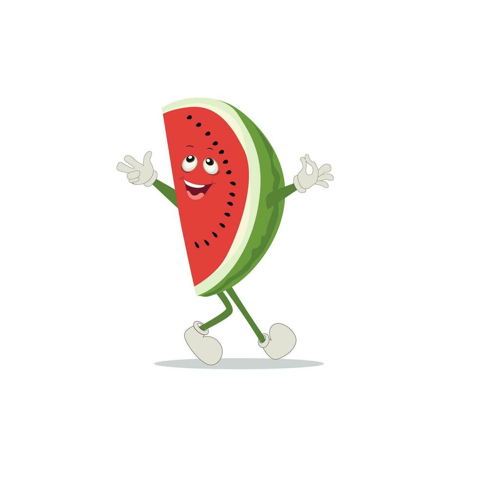 pastèque tranche personnage avec marrant affronter. content mignonne dessin animé pastèque emoji ensemble. en bonne santé végétarien nourriture personnage vecteur illustration