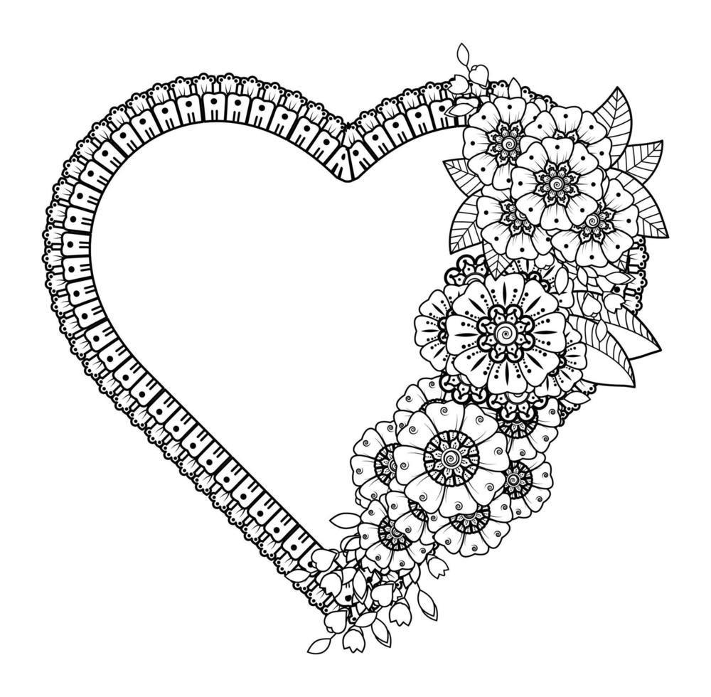 fleur de mehndi avec cadre en forme de coeur. vecteur