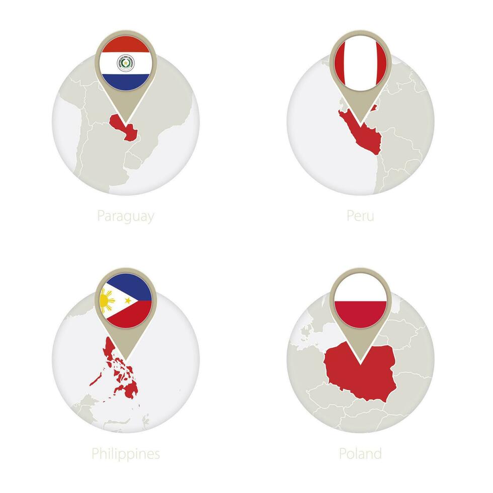 le paraguay, Pérou, Philippines, Pologne carte et drapeau dans cercle. vecteur