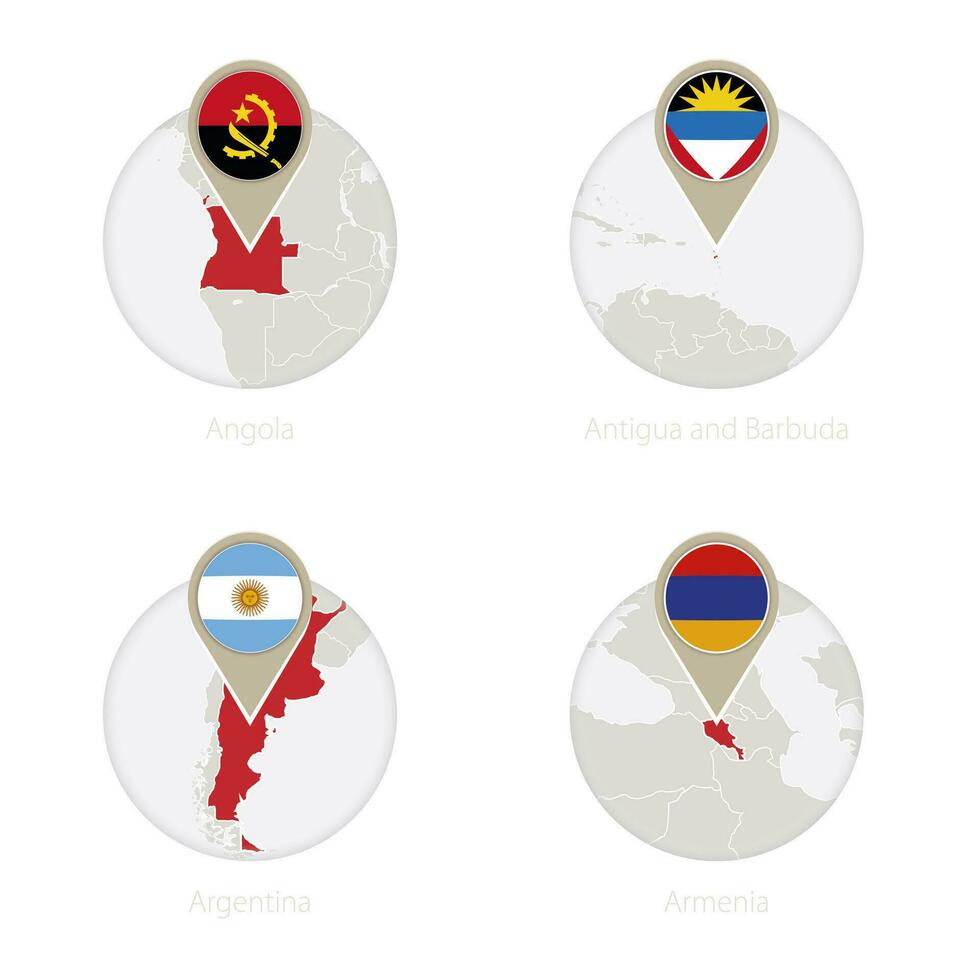 Angola, antigua et barboude, Argentine, Arménie carte et drapeau dans cercle. vecteur
