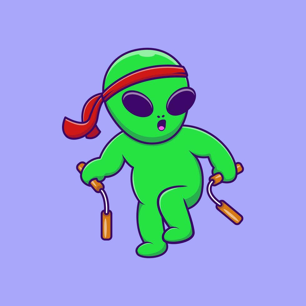 mignonne kung fu extraterrestre avec nunchaku dessin animé vecteur Icônes illustration. plat dessin animé concept. adapté pour tout Créatif projet.