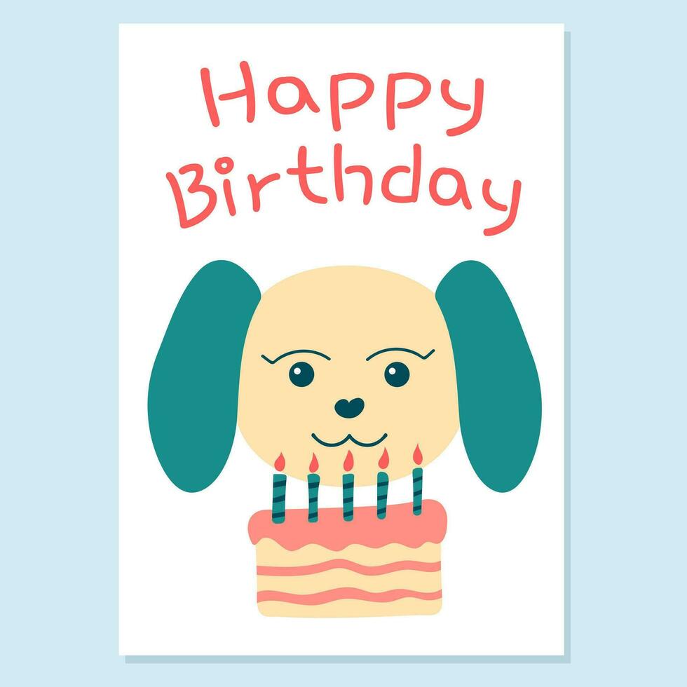 anniversaire salutation carte. chien avec gâteau et bougies. griffonnage style, dessin animé. content anniversaire texte. vecteur illustration