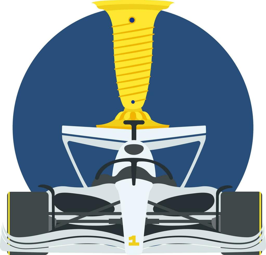 illustration de une f1 voiture avec une d'or tasse sur le Contexte de une bleu cercle. gagnant le championnat. vecteur illustration