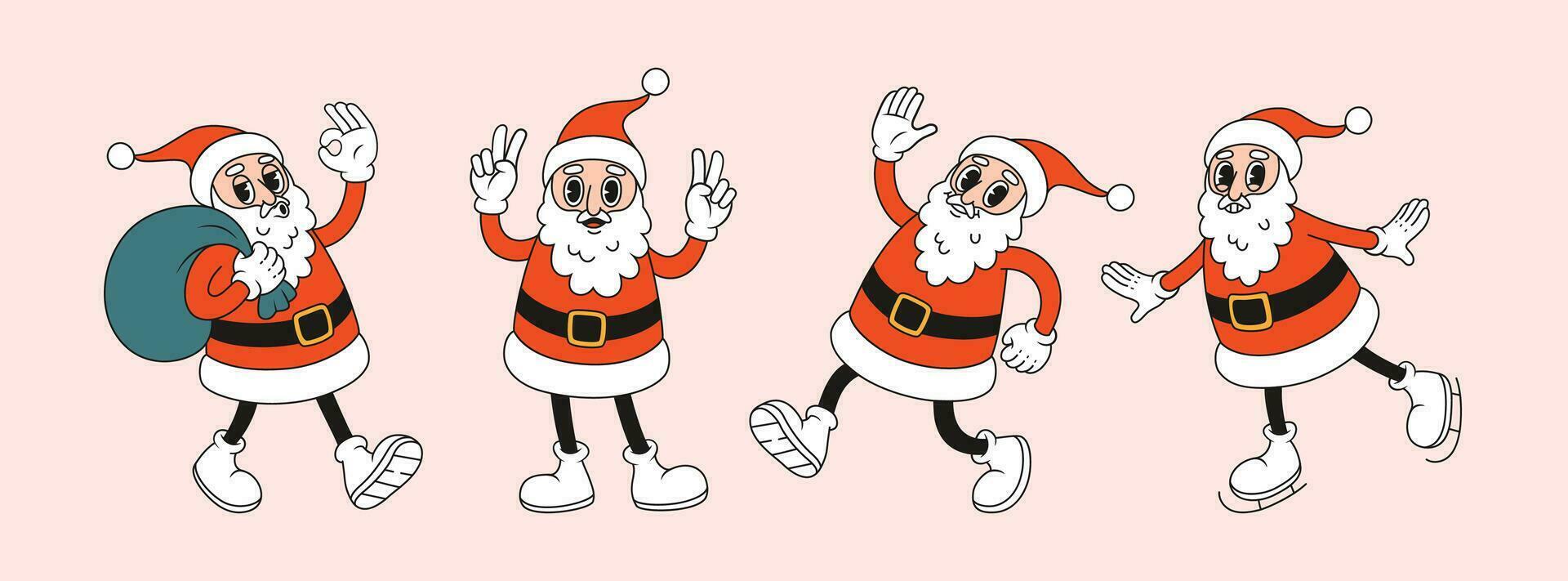 marrant content Père Noël claus personnage dans différent pose. sensationnel vecteur illustration dans rétro style.