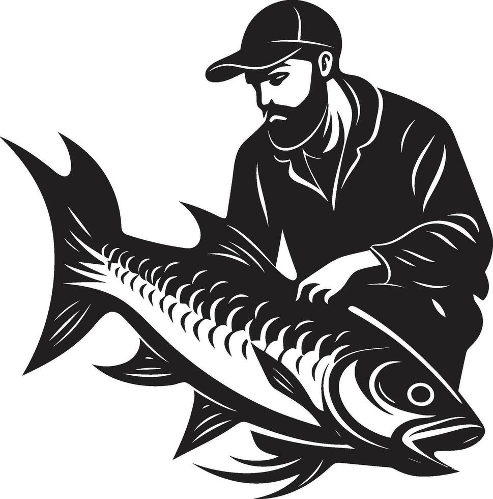 pêcheur logo avec océan Contexte une symbole de la nature et sérénité pêcheur logo avec Lac Contexte une symbole de paix et tranquillité vecteur