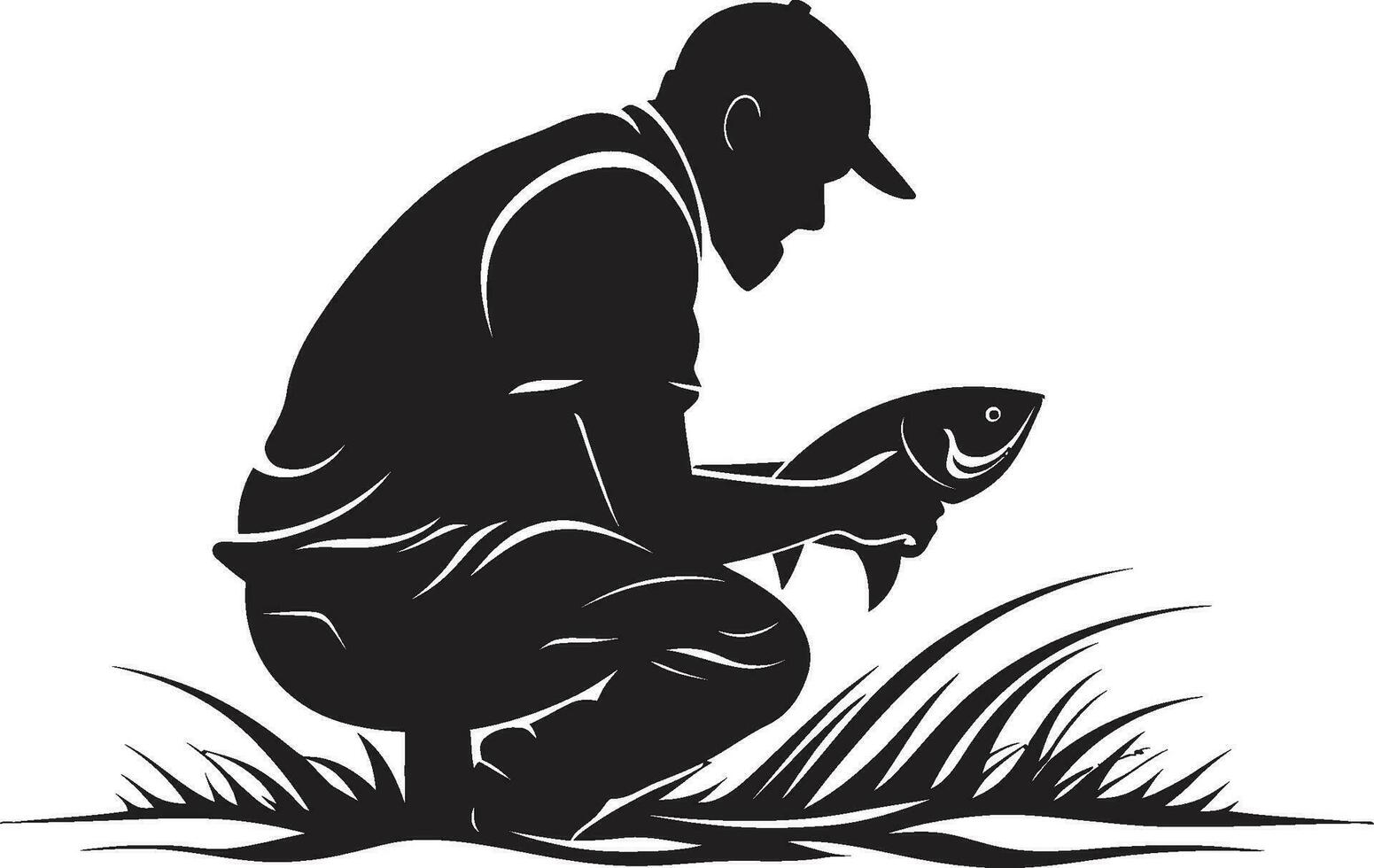 pêcheur logo avec pêche barre et bobine une symbole de aventure et passion pêcheur logo avec poisson une symbole de Succès et abondance vecteur