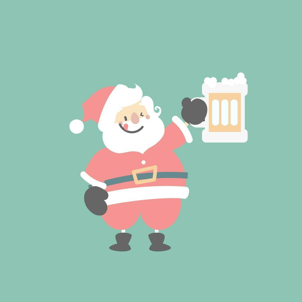 joyeux Noël et content Nouveau année avec mignonne Père Noël claus en buvant de l'alcool Bière dans le hiver saison vert arrière-plan, plat vecteur illustration dessin animé personnage costume conception