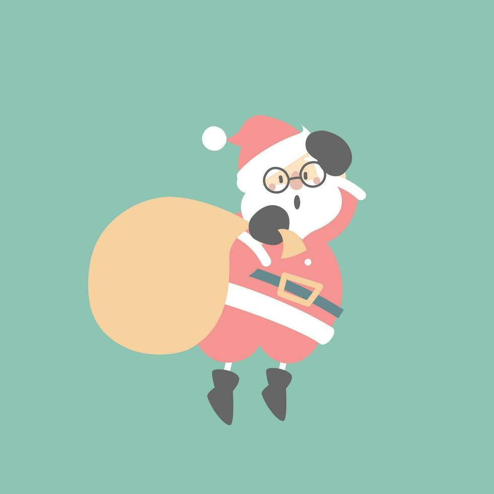 joyeux Noël et content Nouveau année avec mignonne Père Noël claus et présent cadeau sac dans le hiver saison vert arrière-plan, plat vecteur illustration dessin animé personnage costume conception