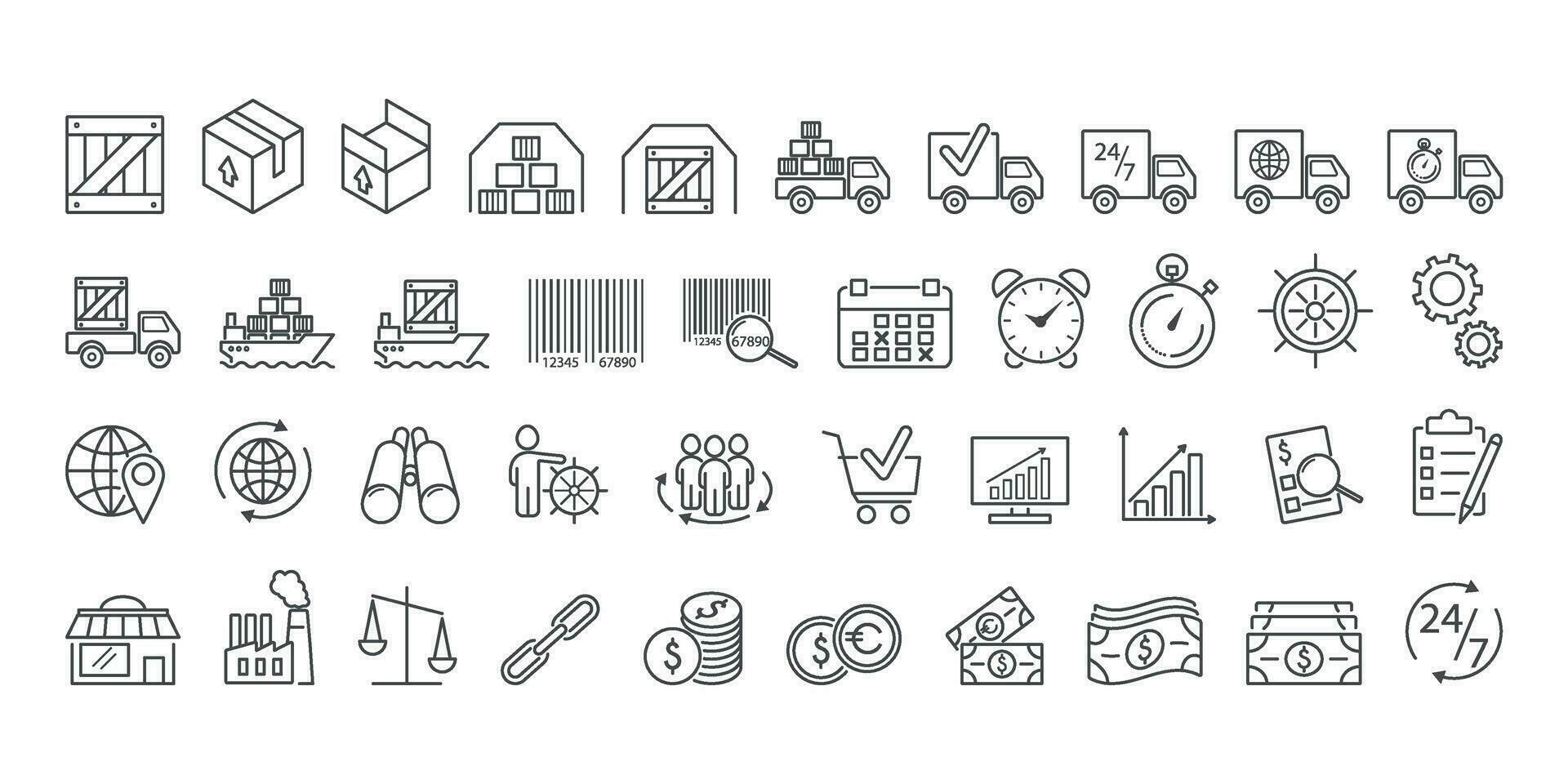 Facile ensemble de logistique et la fourniture chaîne la gestion en relation vecteur ligne Icônes. camion, bateau, entrepôt, Commerce, temps, code à barre, client, suivi. modifiable accident vasculaire cérébral.
