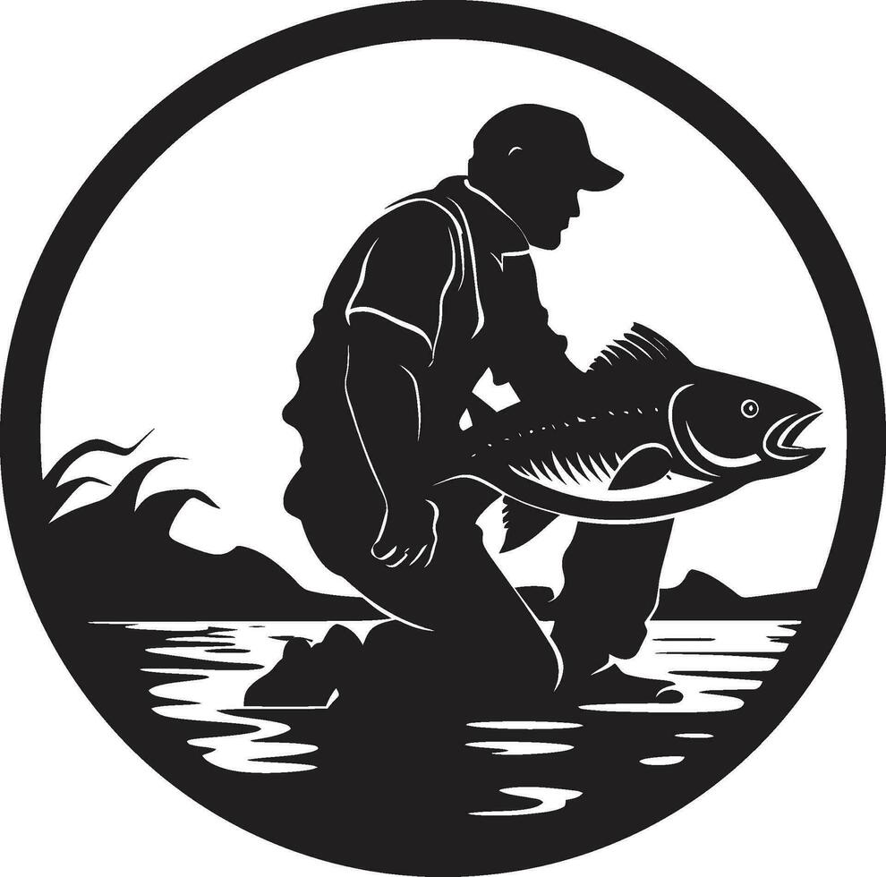 pêcheur logo avec Montagne Contexte force et détermination pêcheur logo avec forêt Contexte lien et harmonie vecteur