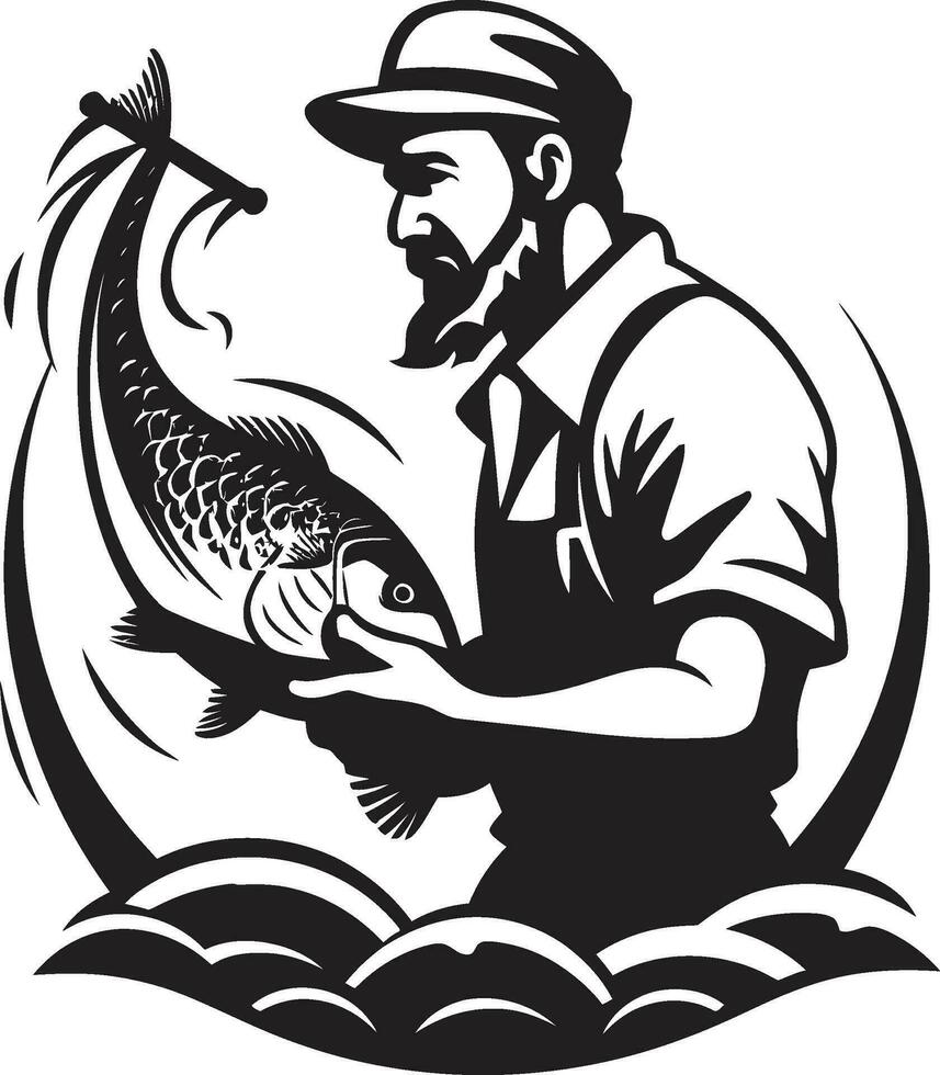 pêcheur logo avec Lac Contexte paix et tranquillité pêcheur logo avec rivière Contexte couler et changement vecteur