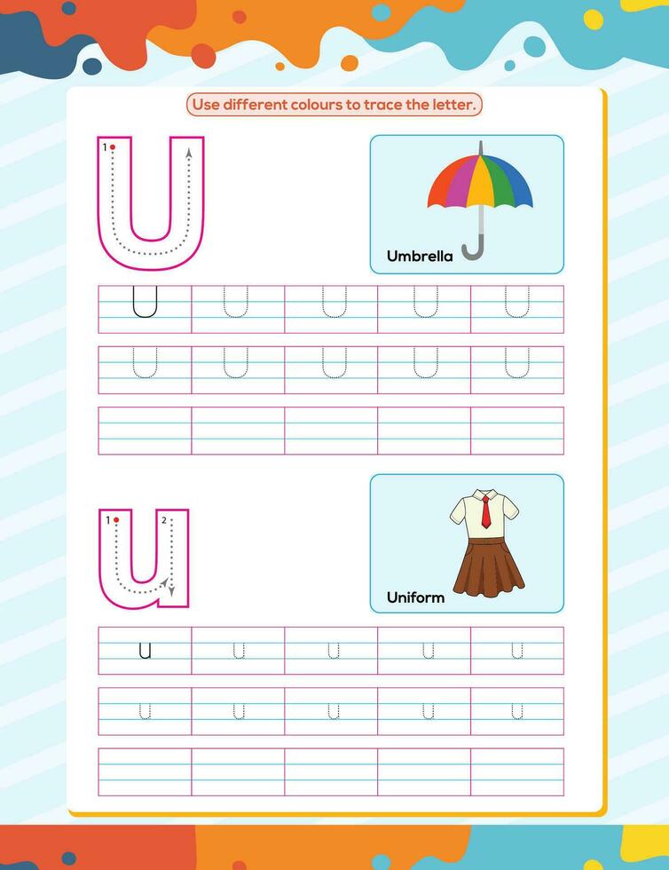 u alphabet tracé entraine toi feuille de travail. éducatif coloration livre page avec contour vecteur illustration pour préscolaire