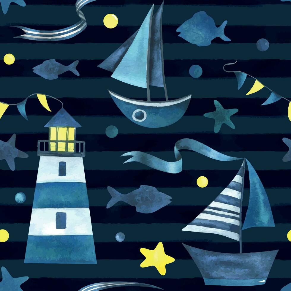voile bleu bateaux avec une ruban flottant sur le l'eau avec une phare. aquarelle illustration main tiré dans une Facile abstrait puéril style. sans couture modèle sur une foncé bleu rayé Contexte vecteur