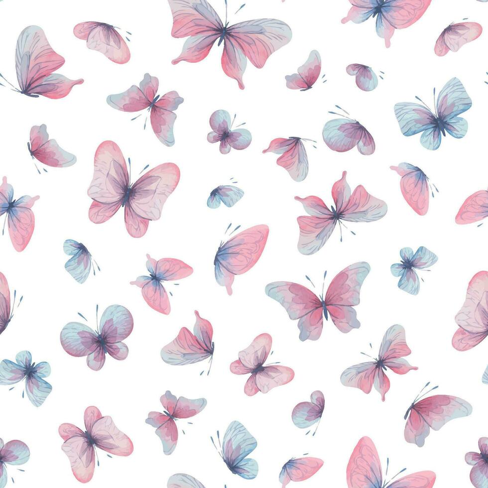 papillons sont rose, bleu, lilas, en volant, délicat avec ailes et éclaboussures de peindre. main tiré aquarelle illustration. sans couture modèle sur une blanc arrière-plan, pour conception vecteur