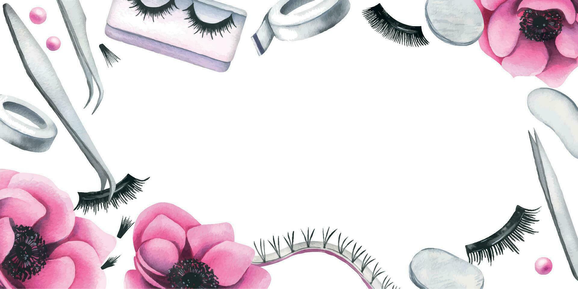 produits de beauté et brosses pour yeux et les sourcils, pince à épiler avec rose anémone fleurs. aquarelle illustration main dessiné. Cadre sur une blanc Contexte. vecteur