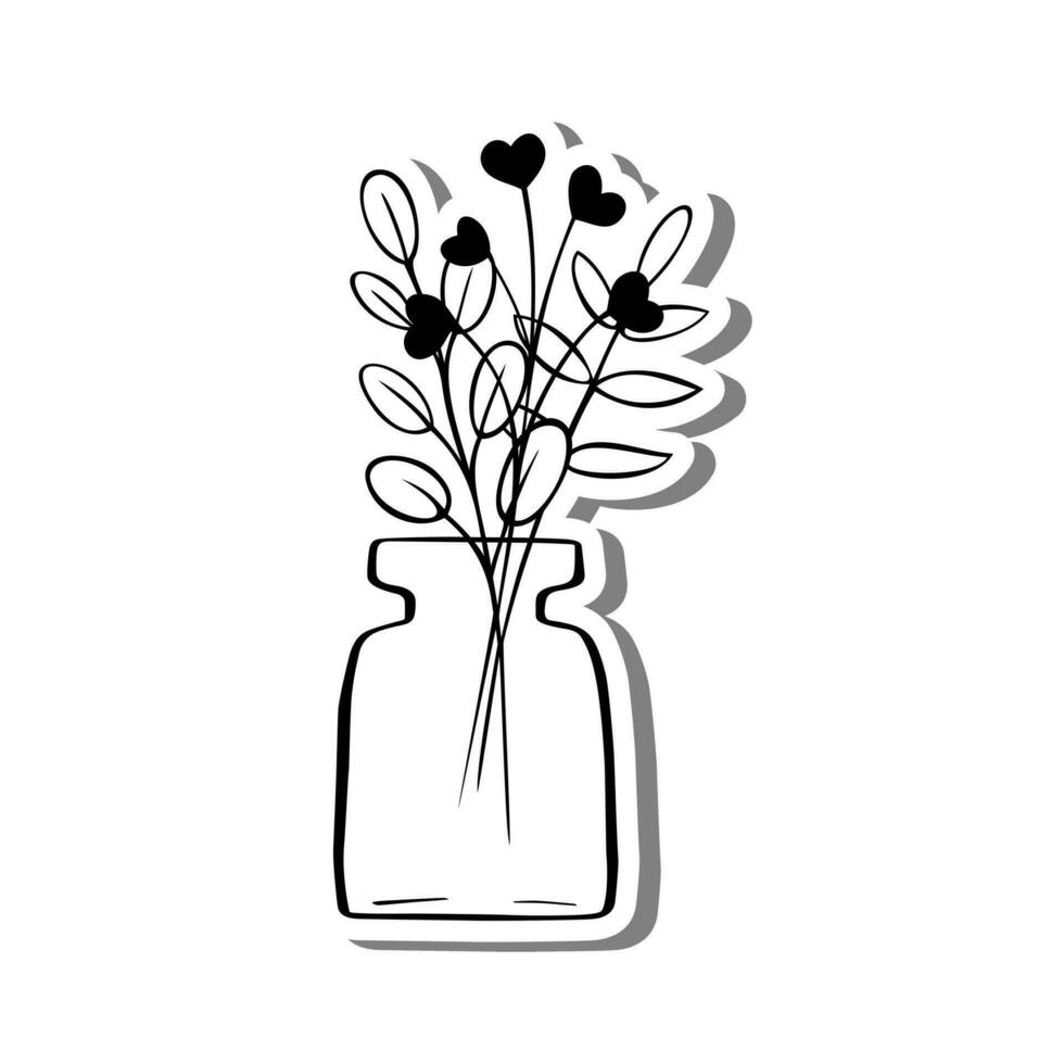 noir ligne cœurs avec feuilles dans vase sur blanc silhouette et gris ombre. main tiré dessin animé style. vecteur illustration pour décorer et tout conception.