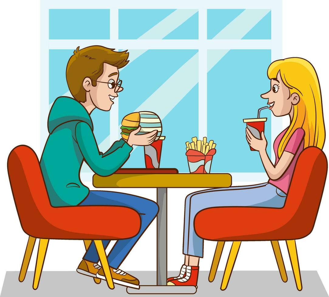 illustration de une homme et femme séance à une vite nourriture restaurant vecteur
