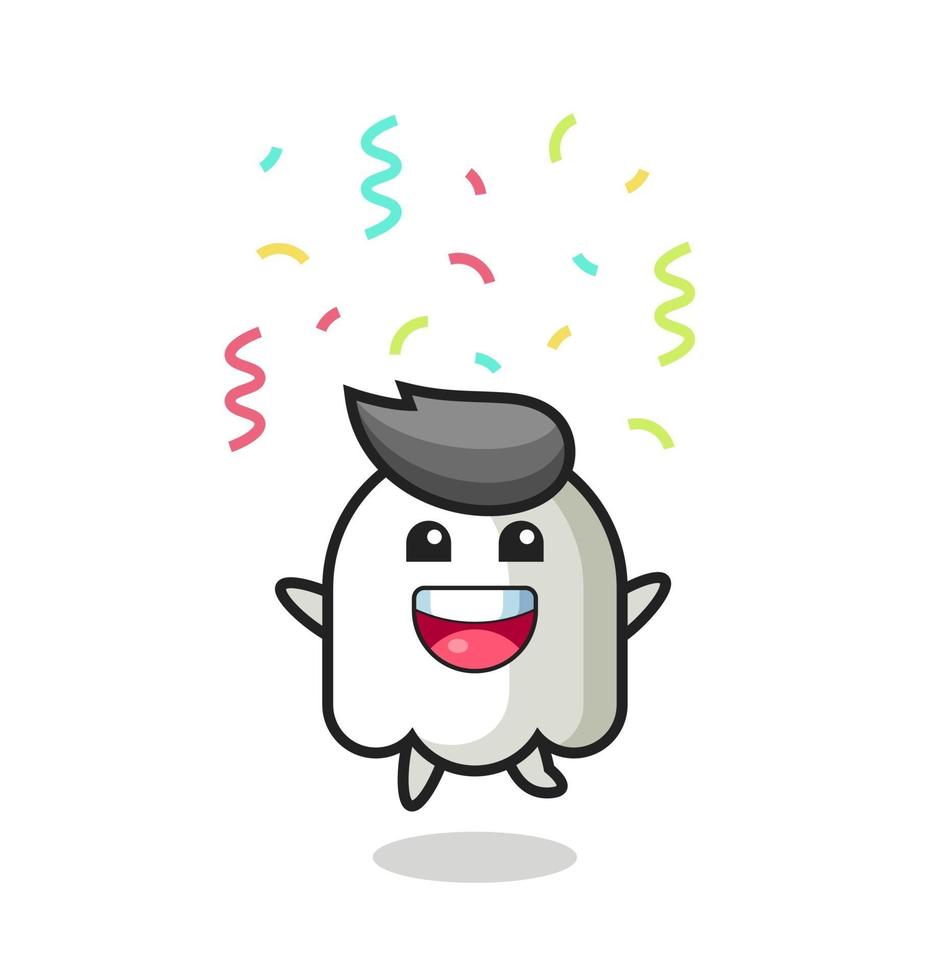 mascotte de fantôme heureux sautant pour félicitation avec des confettis de couleur vecteur