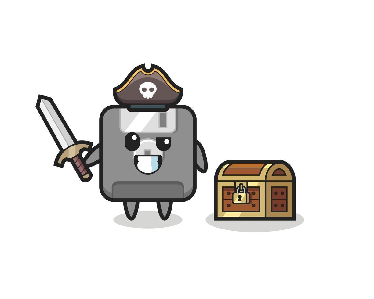le personnage de pirate de disquette tenant une épée à côté d'une boîte au trésor vecteur