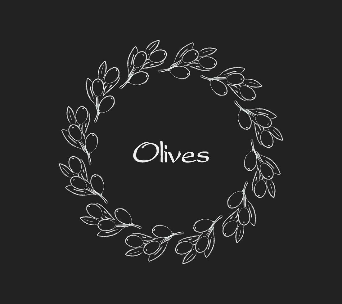 Olives circulaire Cadre étiquette sur noir arrière-plan, pour olive des produits. botanique Cadre élément avec un olive branche. Facile vecteur illustration pour emballage, entreprise identité, Étiquettes