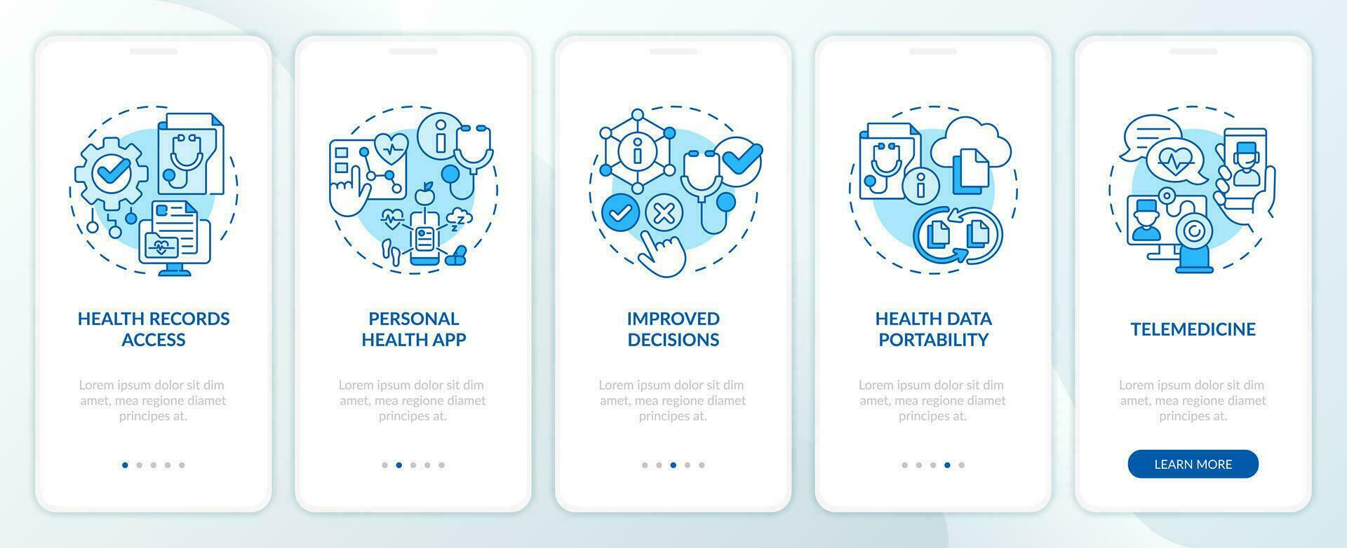 2d Icônes représentant santé interopérabilité Ressources mobile app écran ensemble. procédure pas à pas 5 pas bleu graphique instructions avec linéaire Icônes concept, interface utilisateur, ux, gui modèle. vecteur