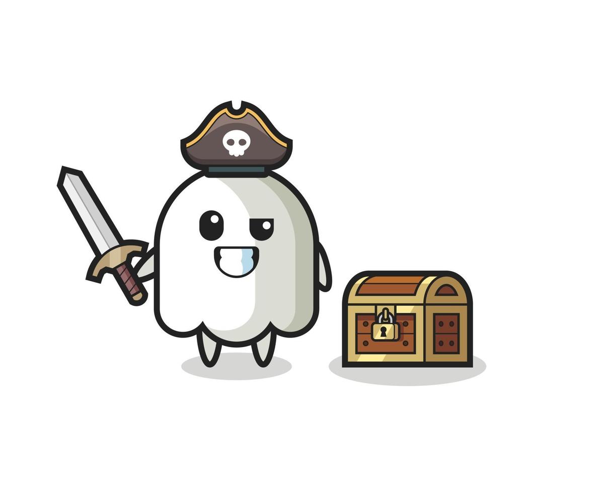 le personnage de pirate fantôme tenant une épée à côté d'un coffre au trésor vecteur