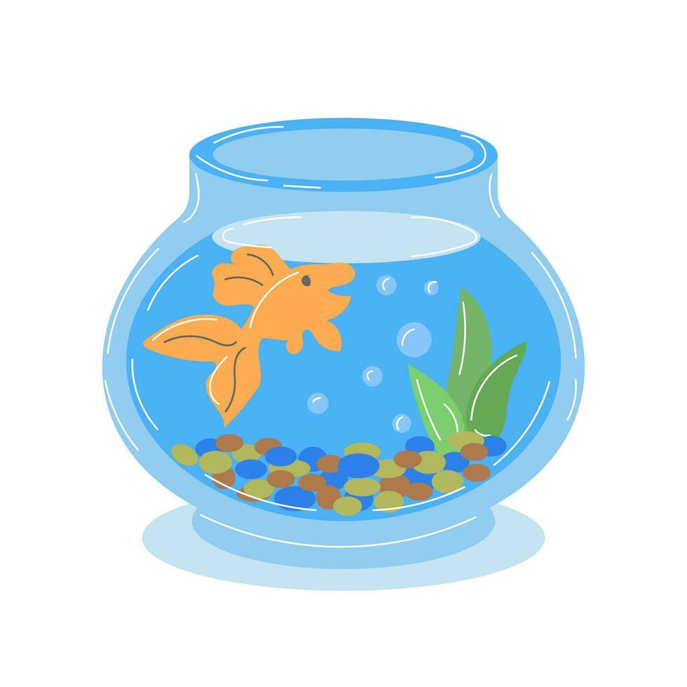 mignonne dessin animé d'or poisson et bulles dans une verre aquarium. illustration, enfants imprimer, vecteur