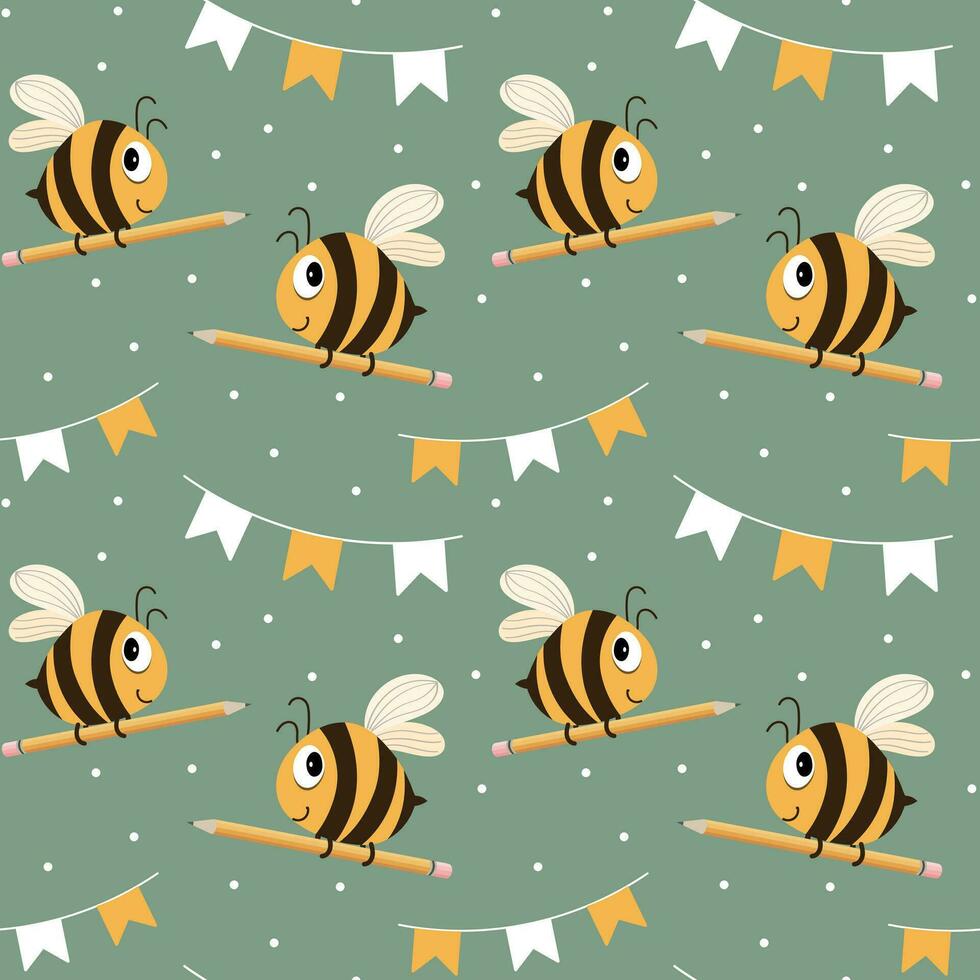 sans couture modèle, mignonne dessin animé les abeilles et de fête guirlandes avec drapeaux sur une délicat Contexte. dessin animé bébé imprimer, textile, enfants chambre décor. vecteur