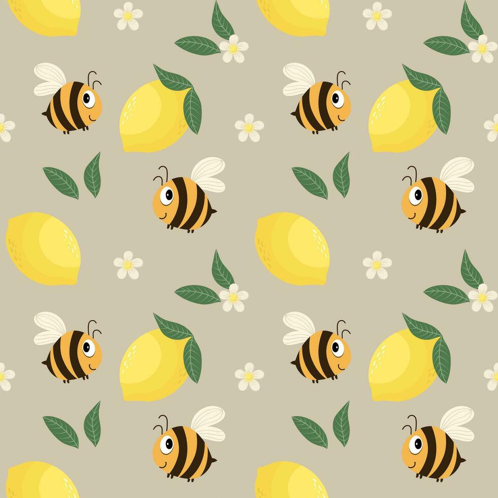 sans couture modèle, mignonne dessin animé les abeilles, citrons et fleurs sur une délicat Contexte. dessin animé bébé imprimer, textile, fond d'écran, enfants chambre décor. vecteur