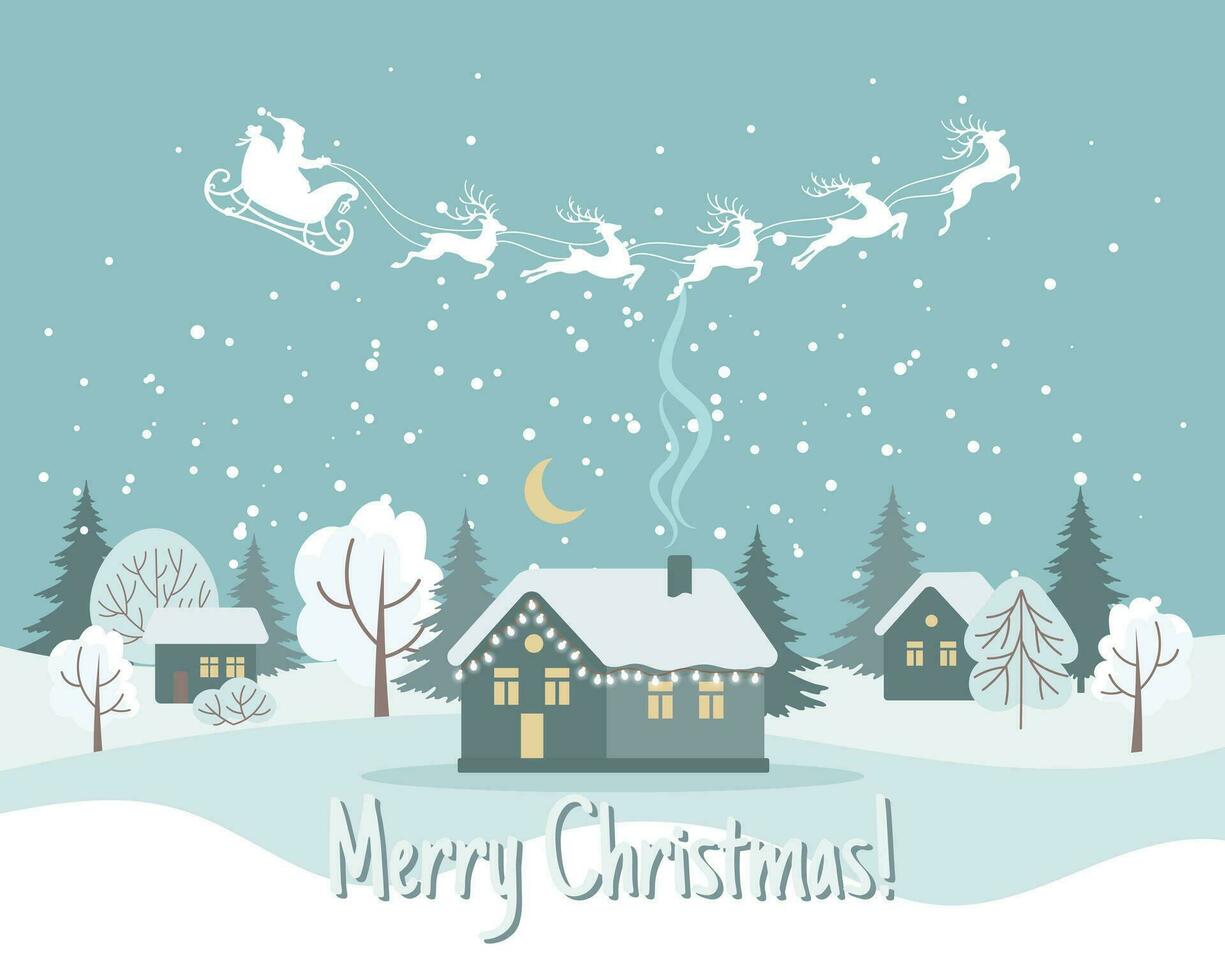 hiver paysage avec mignonne Maisons, Père Noël sur le sien traîneau avec rennes et le nuit ciel. joyeux Noël salutation carte modèle. illustration dans plat style. vecteur