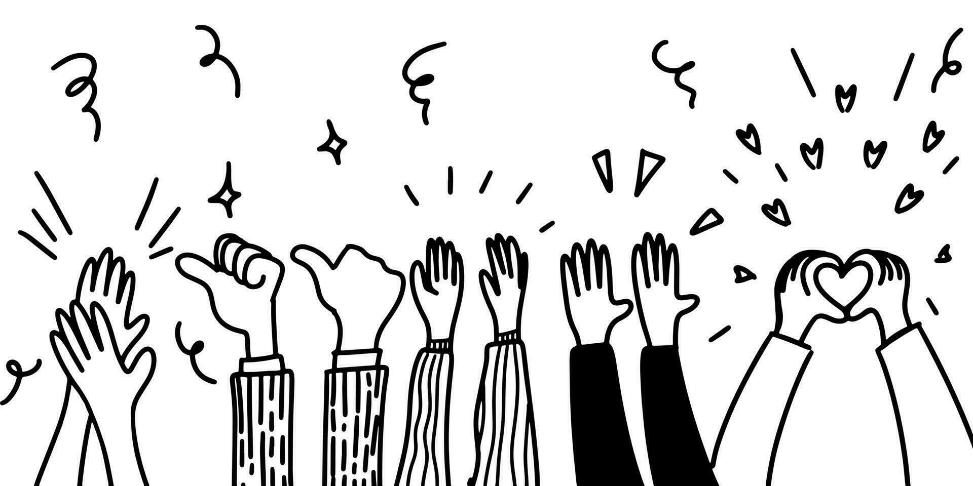 tirage à la main d'applaudissements, ovation d'applaudissements de doodle. pouce en l'air geste isolé sur fond blanc, illustration vectorielle. vecteur