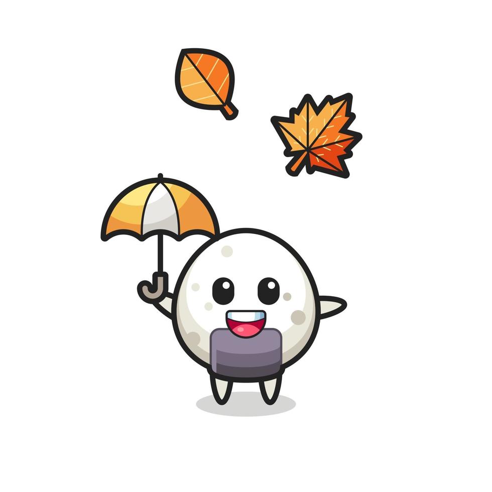 dessin animé de l'onigiri mignon tenant un parapluie en automne vecteur