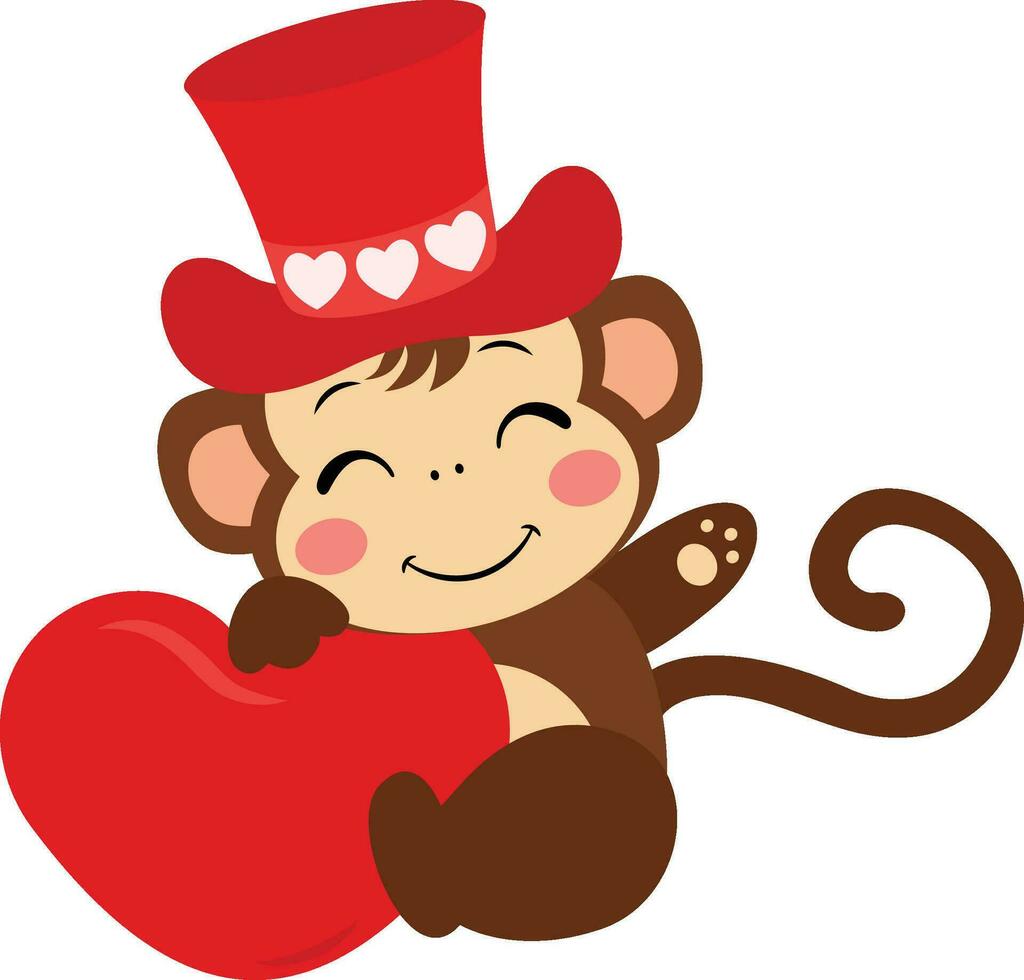 adorable singe avec rouge chapeau et une rouge cœur vecteur