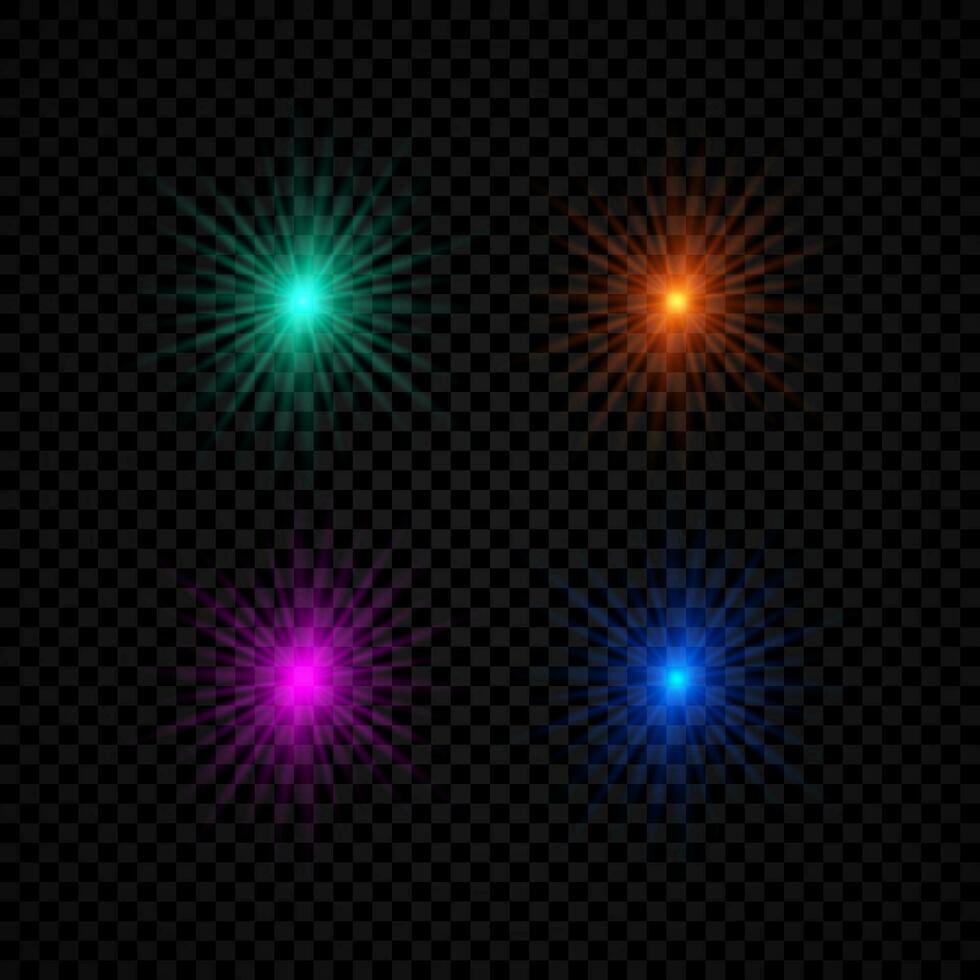 lumière effet de lentille fusées éclairantes. ensemble de quatre vert, orange, violet et bleu embrasé lumières starburst effets avec scintille sur une foncé Contexte. vecteur illustration