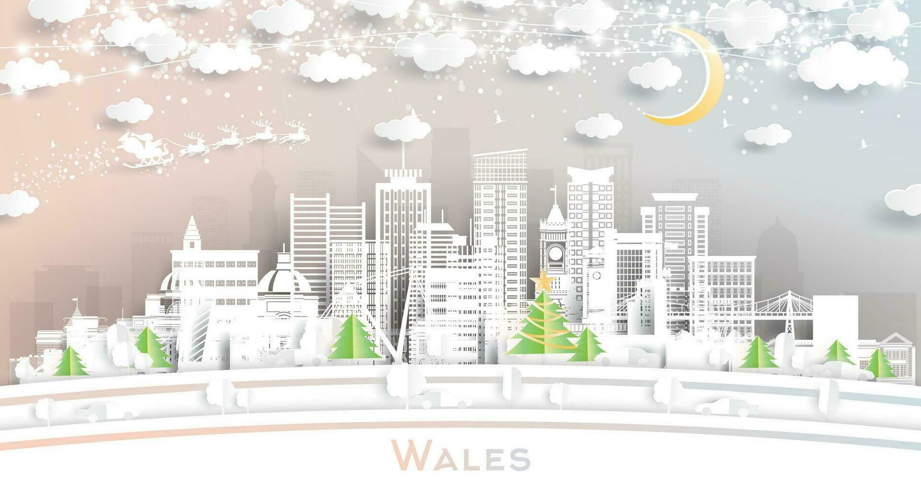 Pays de Galles. hiver ville horizon dans papier Couper style avec flocons de neige, lune et néon guirlande. Noël, Nouveau année concept. Père Noël claus. paysage urbain avec Repères. Cardiff. Swansea. Newport. vecteur